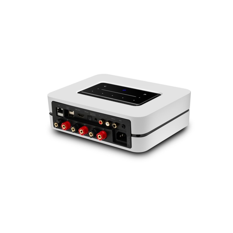 Bluesound PowerNode N331 en blanco, vista trasera de tres cuartos con los bornes rojos y negros y el panel táctil