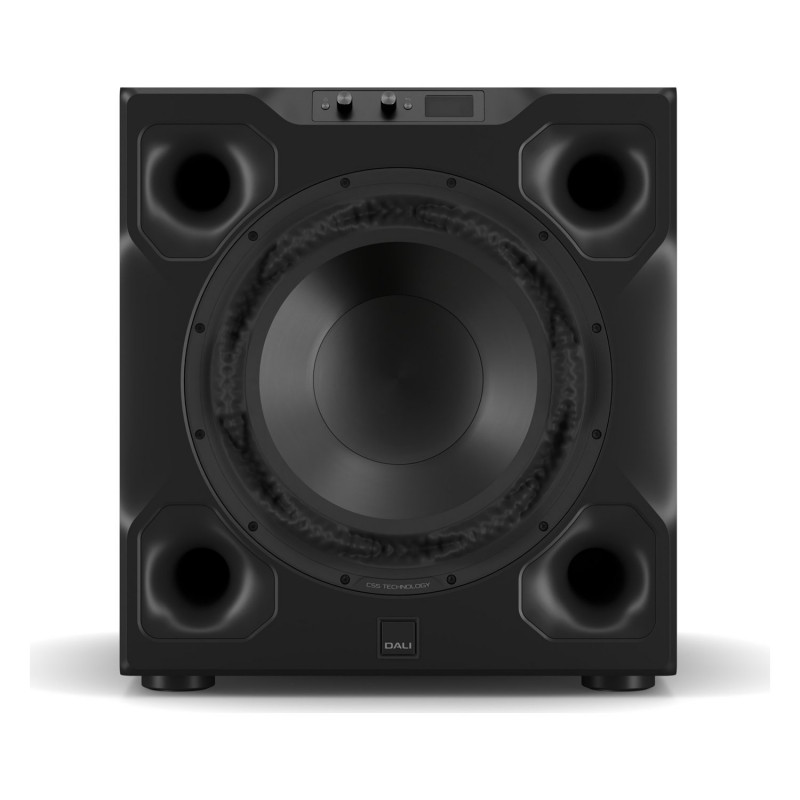 DALI SUB V-16 F, vista frontal con el woofer de 16″ y los cuatro puertos réflex en las esquinas