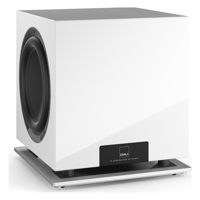 DALI SUB P-10 DSS, vista de tres cuartos con el radiador pasivo lateral y la pantalla del frontal, blanco brillo
