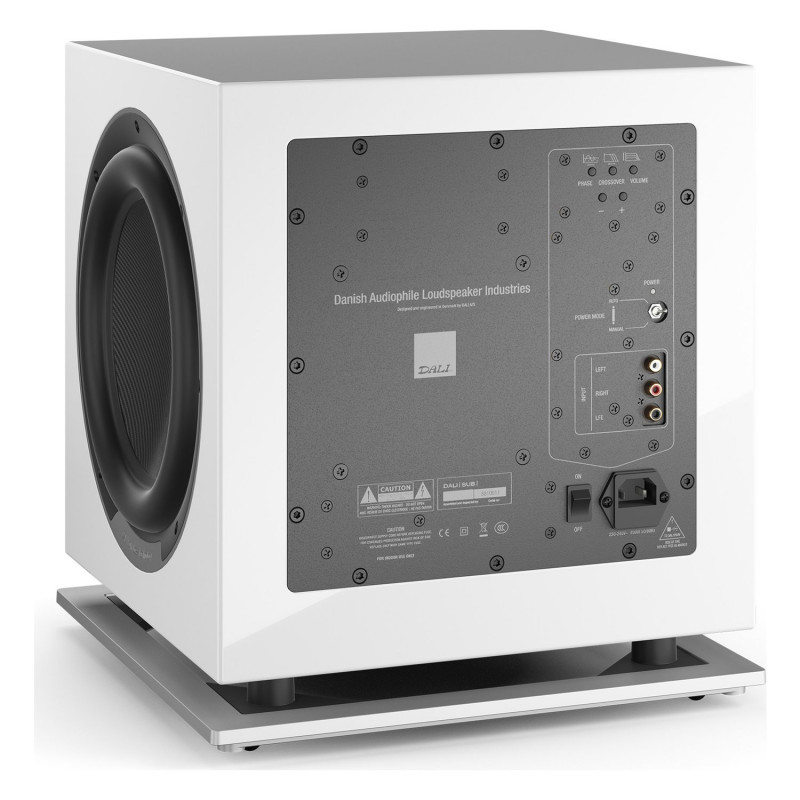 DALI SUB P-10 DSS, vista trasera de tres cuartos con el panel de conexiones, blanco brillo