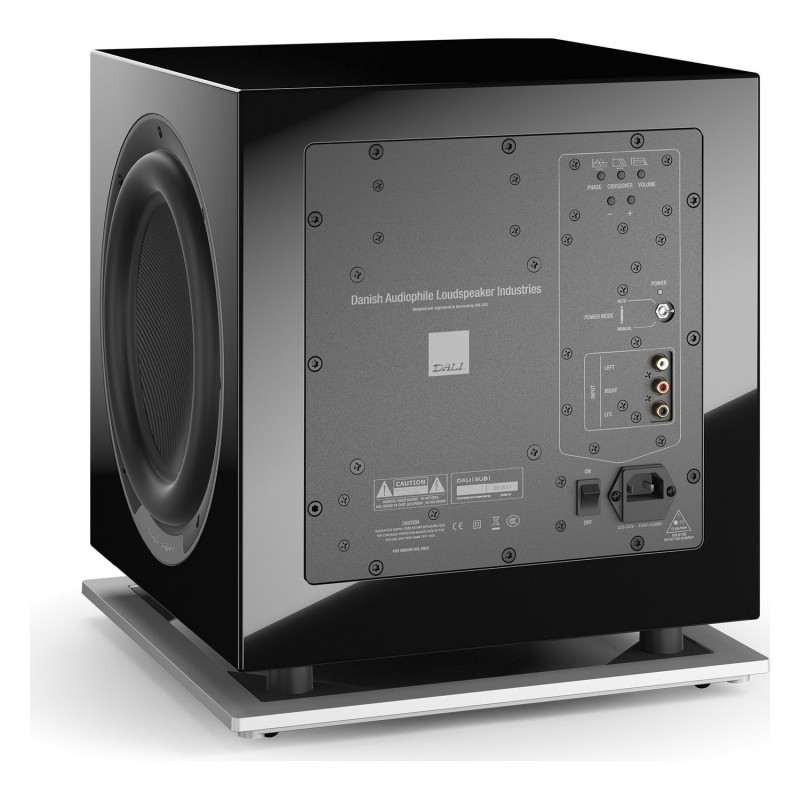 DALI SUB P-10 DSS, vista trasera de tres cuartos con el panel de conexiones, negro brillo