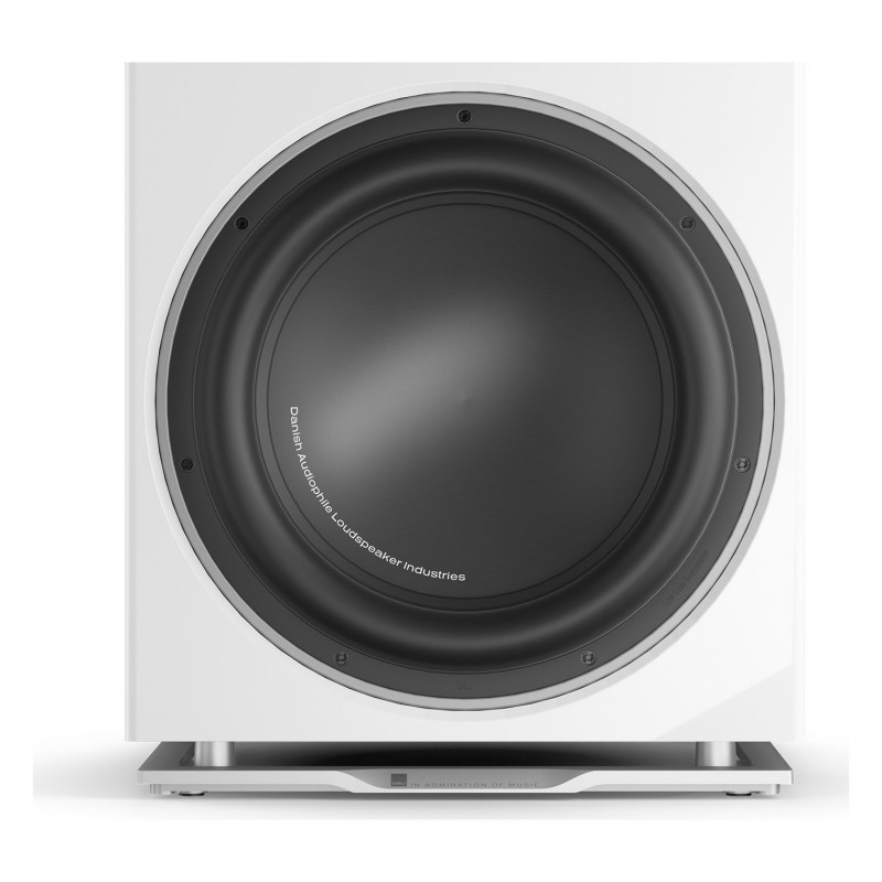 DALI SUB K-14 F, vista frontal con el woofer de 14″, blanco