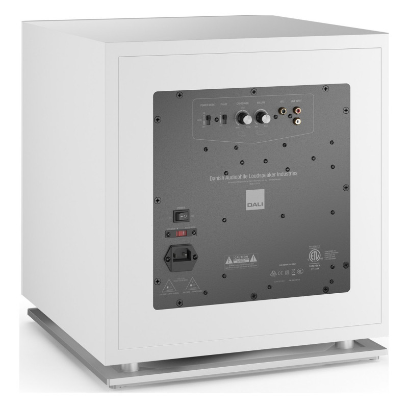 DALI SUB K-14 F, vista trasera de tres cuartos con el panel de conexiones y ajustes, blanco