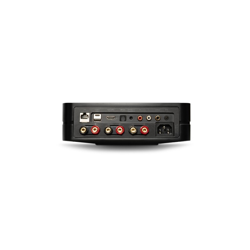 Bluesound PowerNode N331 en negro, vista trasera con red, USB, HDMI, entrada óptica, RCA, bornes y corriente