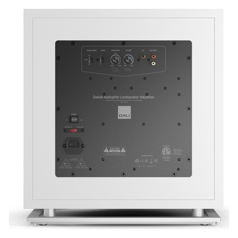 DALI SUB K-14 F, vista trasera con el panel de conexiones y ajustes, blanco