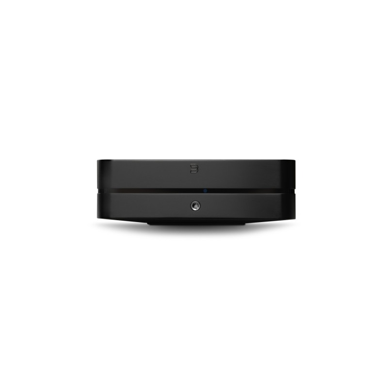 Bluesound PowerNode N331 en negro, vista frontal con el logotipo B, la franja y la toma de auriculares
