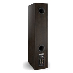 DALI Opticon 8 mk2, vista trasera de tres cuartos con los dos puertos reflex, roble tabaco
