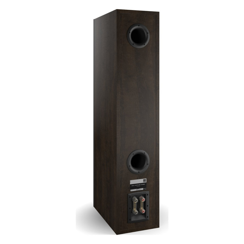 DALI Opticon 8 mk2, vista trasera de tres cuartos con los dos puertos reflex, roble tabaco