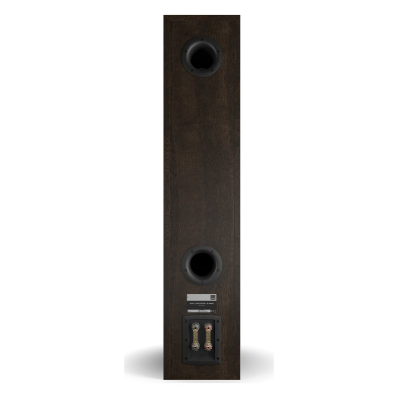DALI Opticon 8 mk2, vista trasera con los bornes de bicableado, roble tabaco