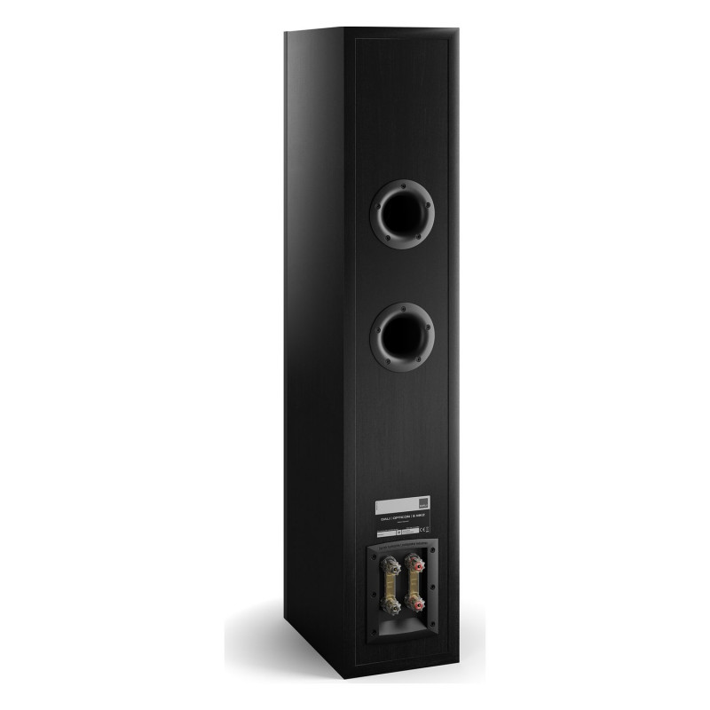 DALI Opticon 6 mk2, vista trasera de tres cuartos con los dos puertos reflex y los bornes de bicableado, negro