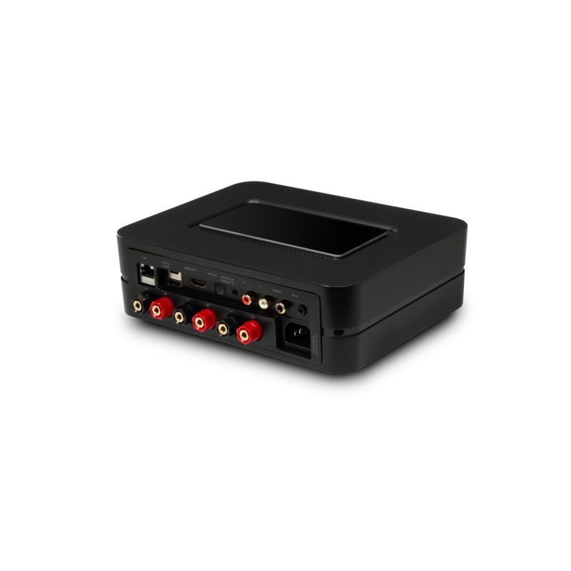 Bluesound PowerNode N331 en negro, vista trasera de tres cuartos con los bornes rojos y negros y la tapa