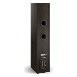 DALI Opticon 6 mk2, vista trasera de tres cuartos con los dos puertos reflex, roble tabaco