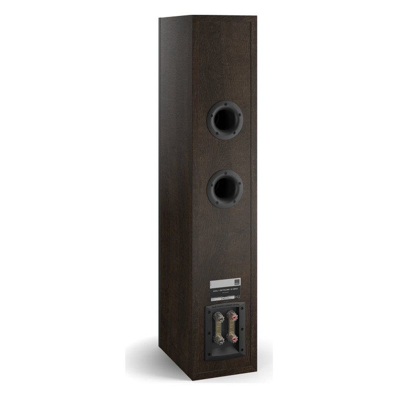 DALI Opticon 6 mk2, vista trasera de tres cuartos con los dos puertos reflex, roble tabaco