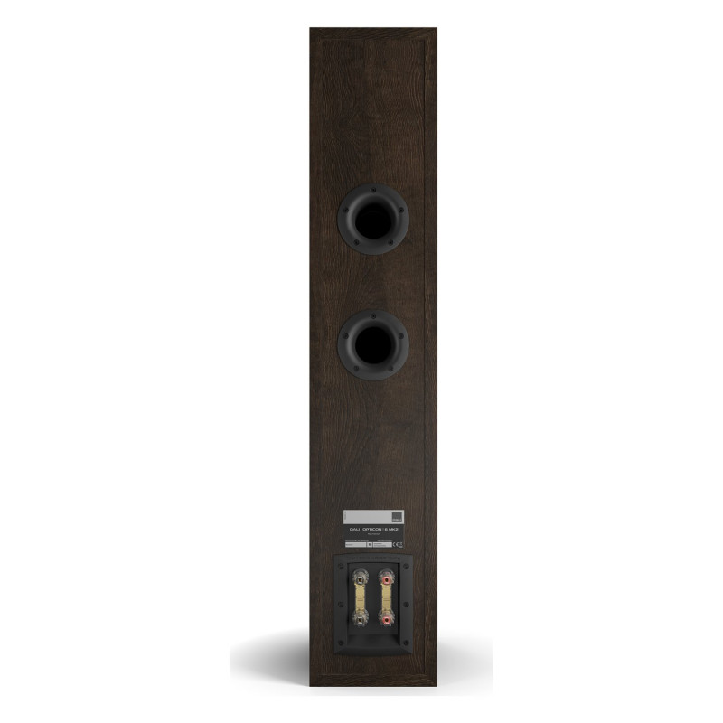DALI Opticon 6 mk2, vista trasera con los bornes de bicableado, roble tabaco