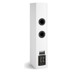 DALI Opticon 6 mk2, vista trasera de tres cuartos con los dos puertos reflex, blanco