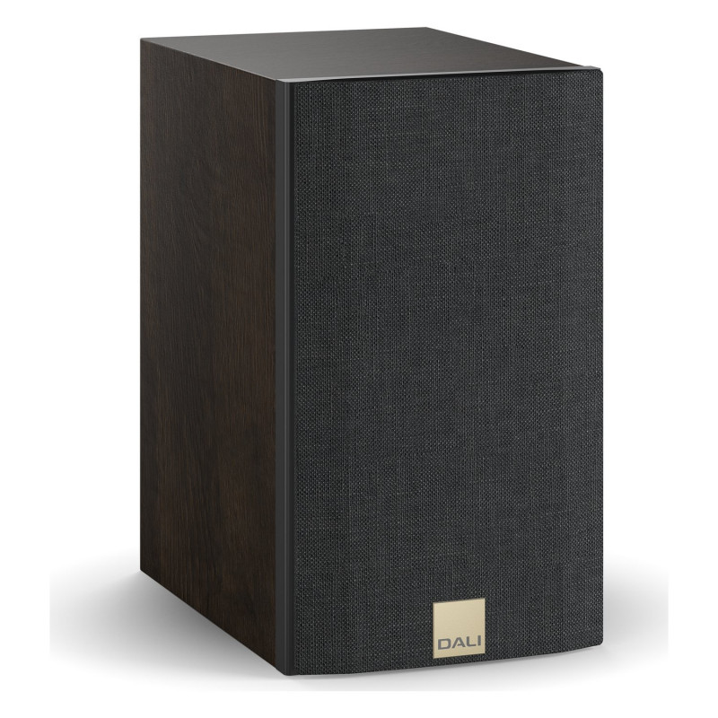 DALI Opticon 1 mk2, vista de tres cuartos con rejilla, roble tabaco