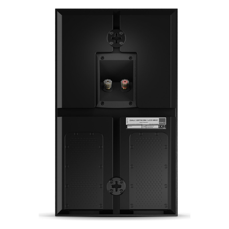 DALI Opticon LCR mk2, panel trasero con los bornes en un hueco y dos anclajes en cruz para colgarlo, negro