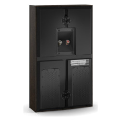 DALI Opticon LCR mk2, vista trasera de tres cuartos con los bornes y los anclajes de pared, roble tabaco