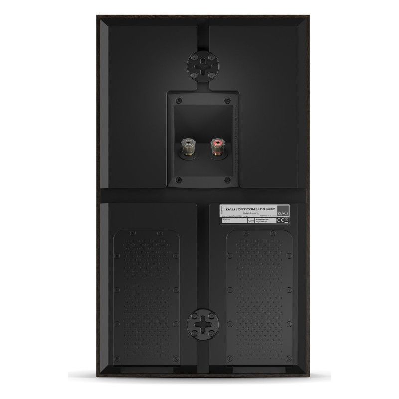 DALI Opticon LCR mk2, panel trasero con los bornes en un hueco y dos anclajes en cruz para colgarlo, roble tabaco