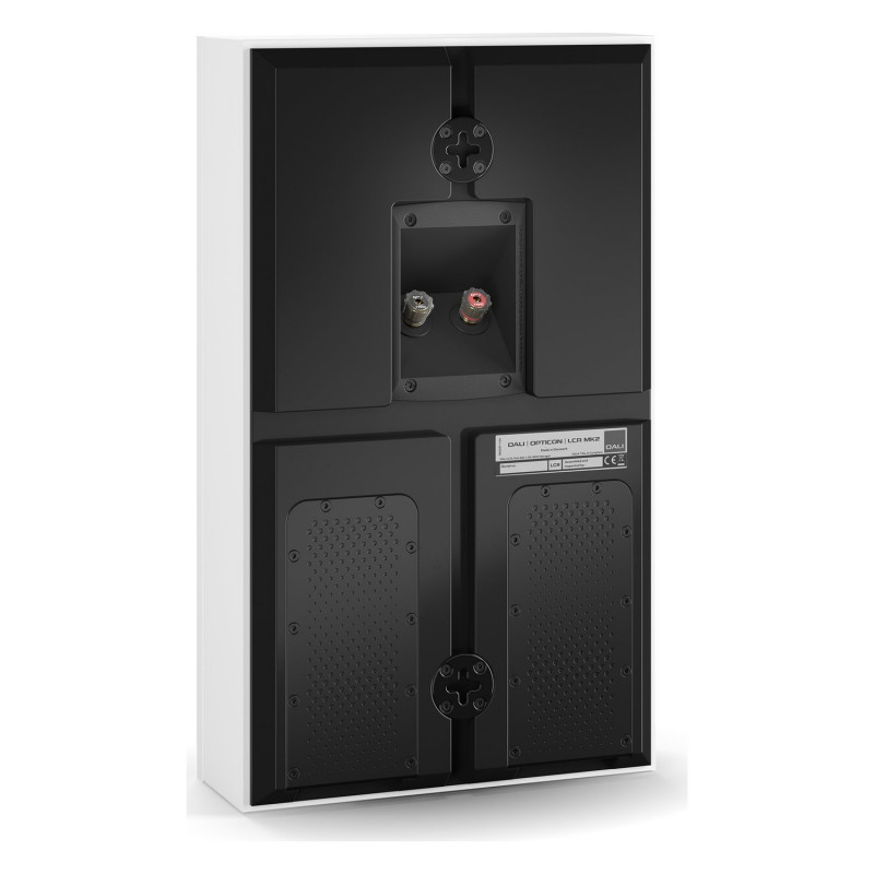 DALI Opticon LCR mk2, vista trasera de tres cuartos con los bornes y los anclajes de pared, blanco