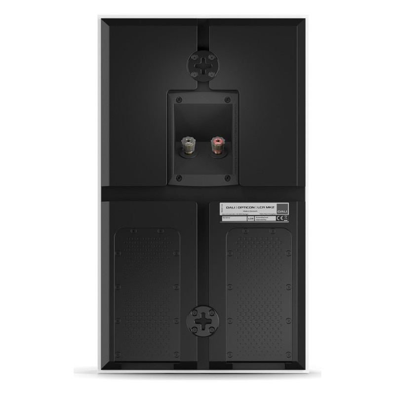 DALI Opticon LCR mk2, panel trasero con los bornes en un hueco y dos anclajes en cruz para colgarlo, blanco