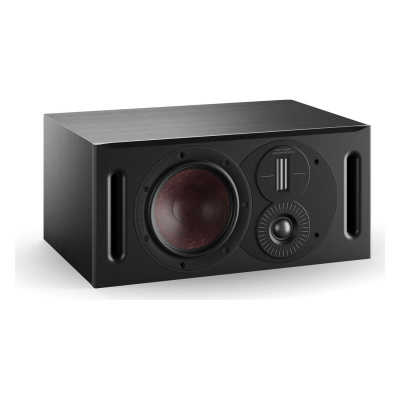 DALI Opticon VOKAL mk2, vista de tres cuartos sin rejilla con los puertos reflex frontales, negro