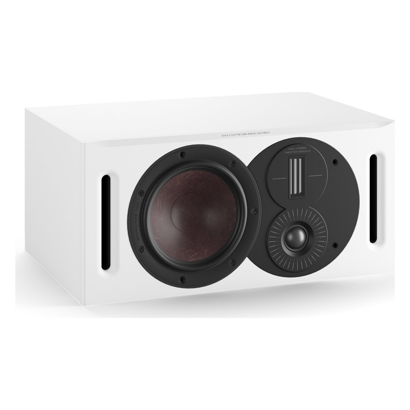 DALI Opticon VOKAL mk2, vista de tres cuartos sin rejilla con los puertos reflex frontales, blanco