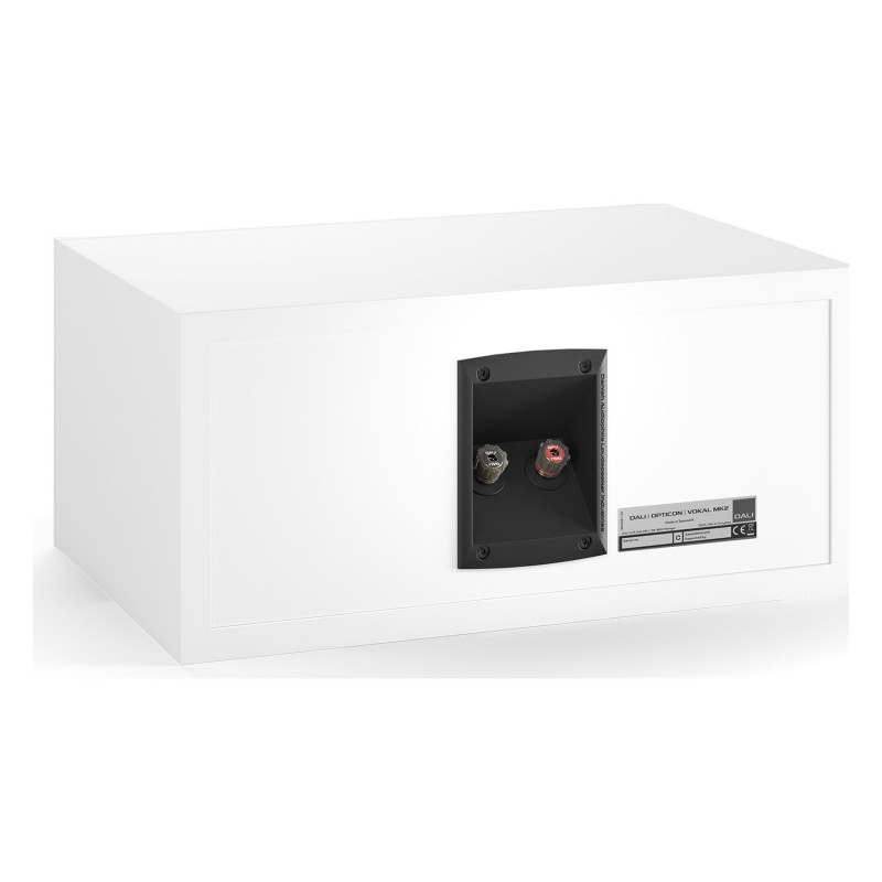 DALI Opticon VOKAL mk2, vista trasera de tres cuartos con los bornes, blanco
