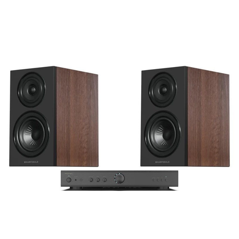 Pack Rotel A8 negro con altavoces Wharfedale Diamond 12.1i en nogal