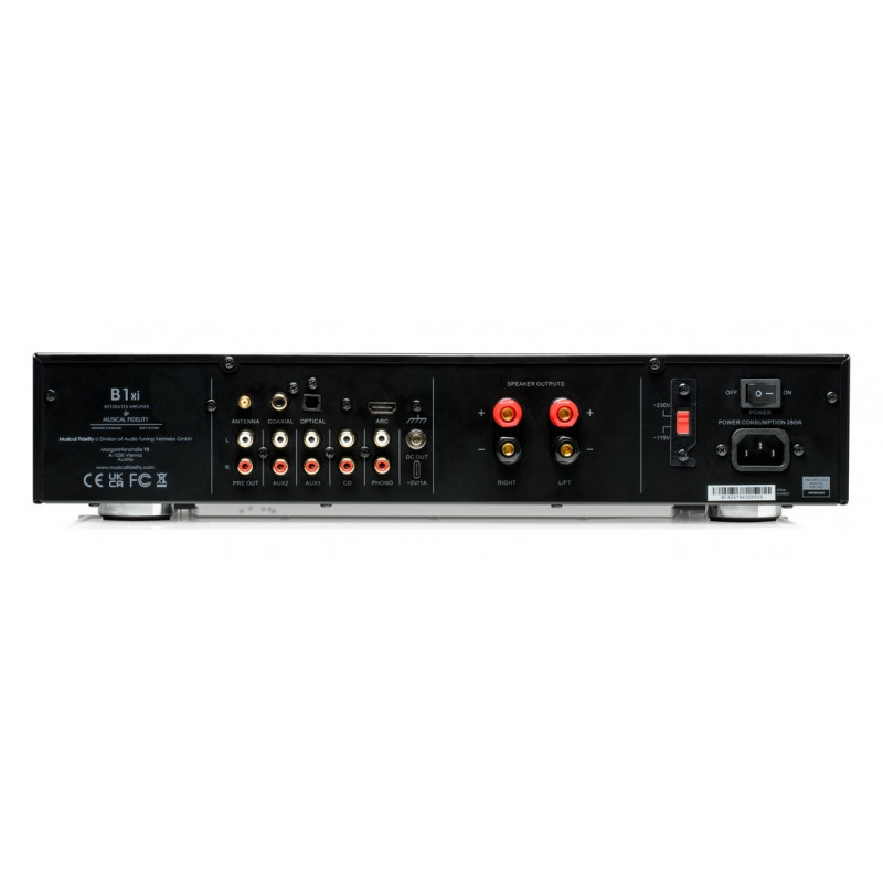 Musical Fidelity B1xi, panel trasero con HDMI ARC, óptica, coaxial y phono
