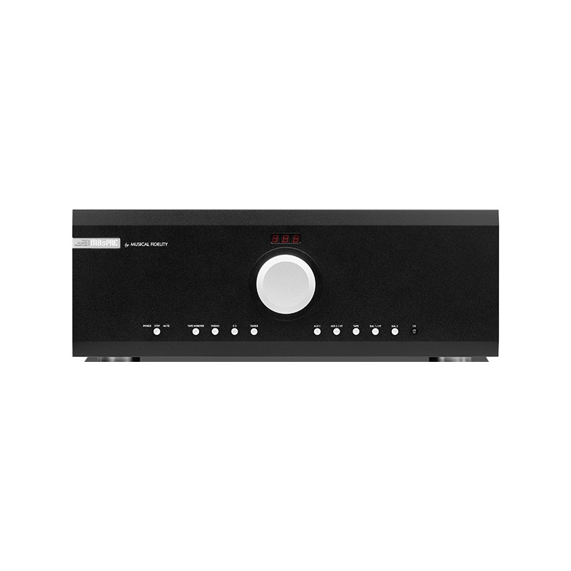 Musical Fidelity M8s PRE, vista frontal en negro, con el indicador de volumen