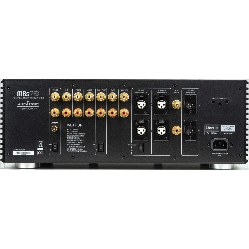 Musical Fidelity M8s PRE, panel trasero con entradas XLR, RCA y phono