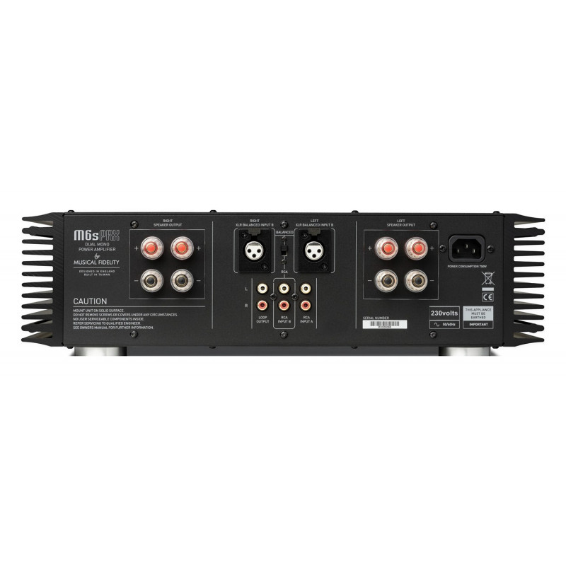 Musical Fidelity M6s PRX, panel trasero con entradas RCA y XLR y cuatro pares de bornes