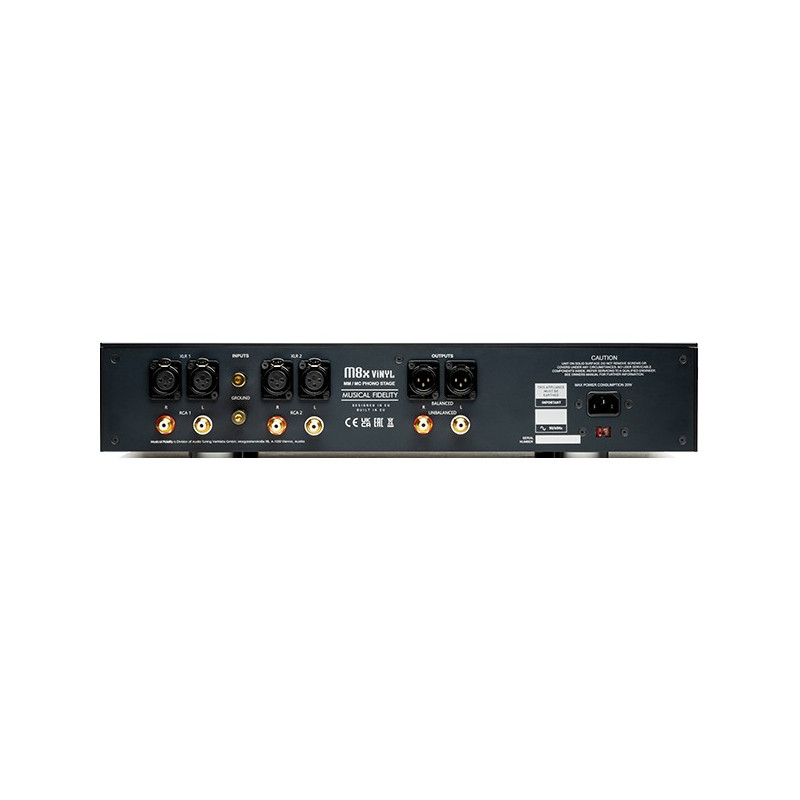 Musical Fidelity M8x Vinyl, panel trasero con dos entradas XLR, dos RCA y salidas
