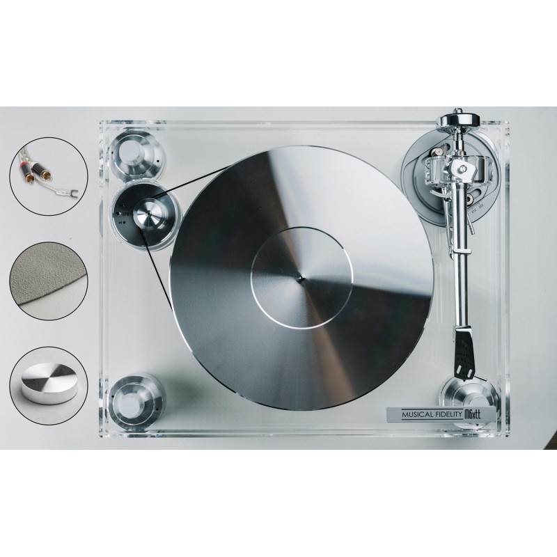 Musical Fidelity M6xTT, visto desde arriba, con pisadiscos y alfombrilla