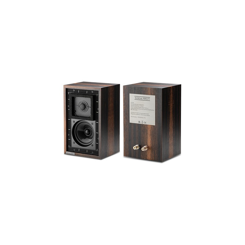 Musical Fidelity LS3/5A, vista frontal y trasera con los bornes