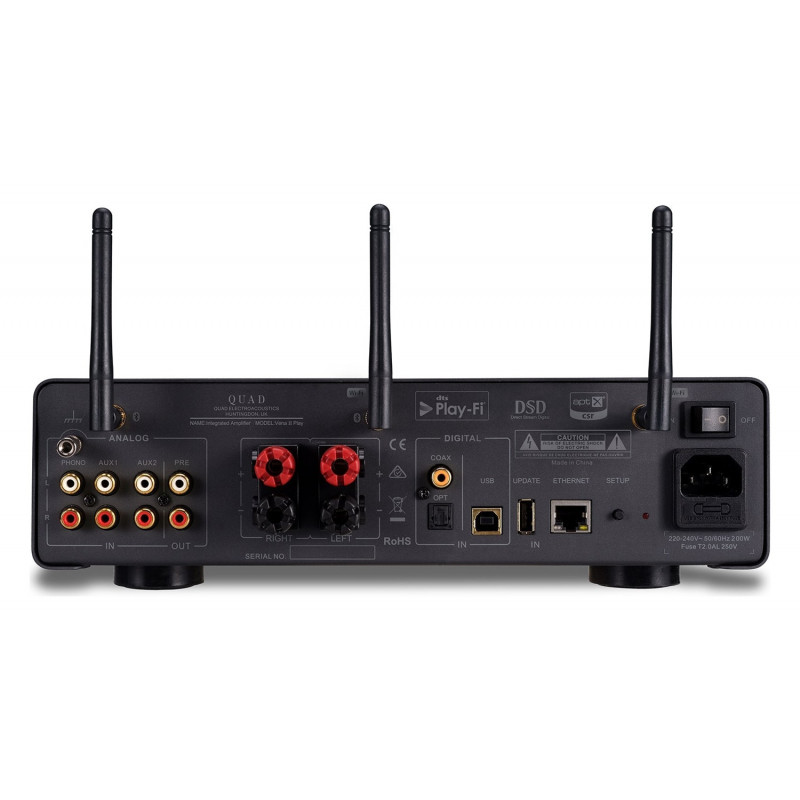 Quad Vena II Play, trasera con las conexiones y las antenas, gris