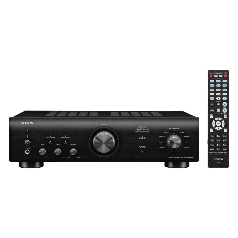 Denon PMA-600NE, frontal en negro con el mando RC-1234