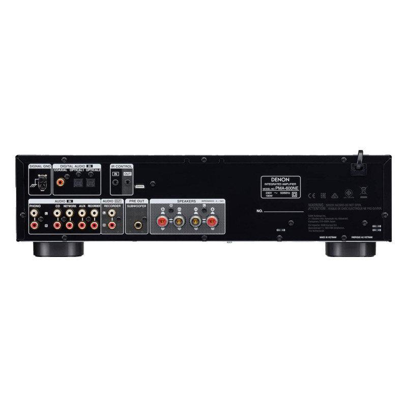 Denon PMA-600NE, panel trasero con phono, entradas ópticas y coaxial y salida de subwoofer