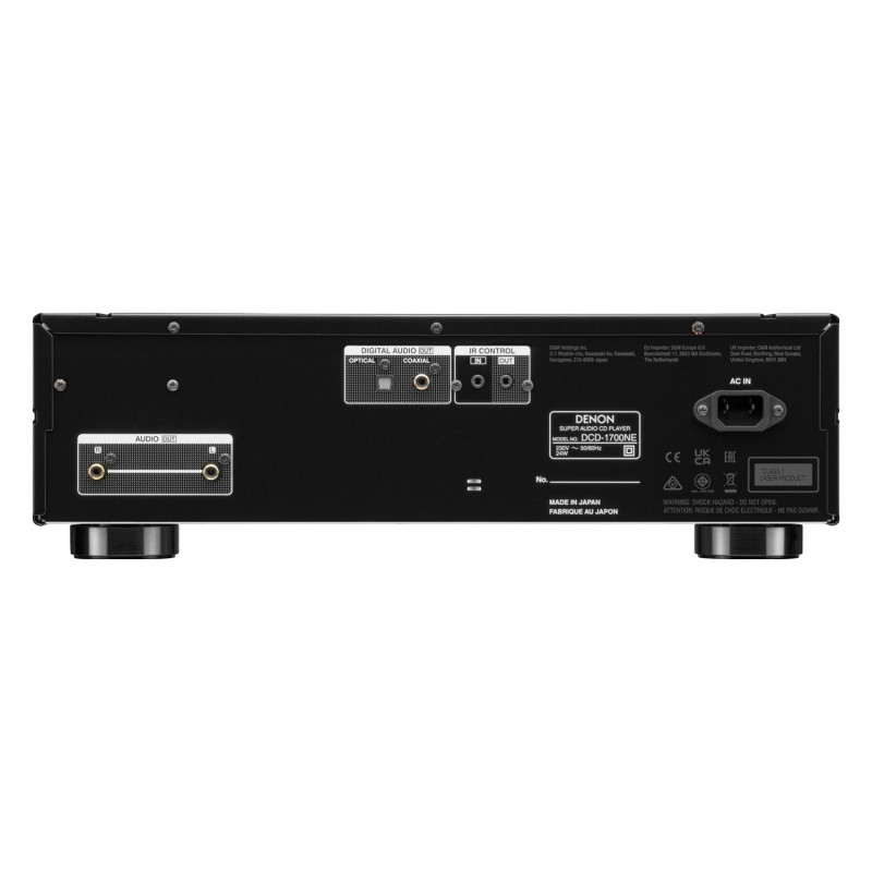Denon DCD-1700NE, panel trasero con salidas RCA, óptica y coaxial