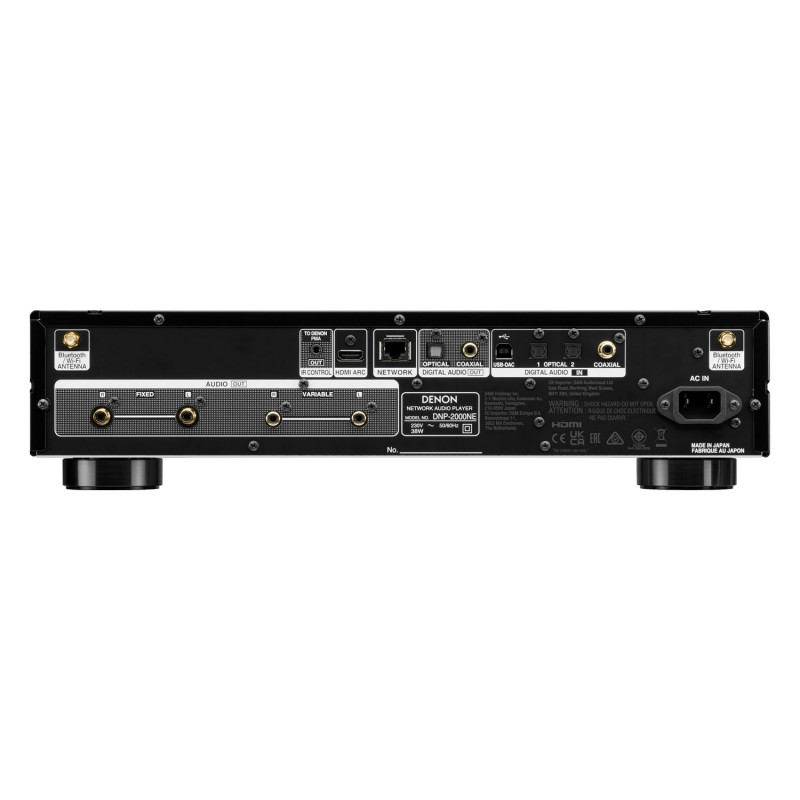 Denon DNP-2000NE, panel trasero con HDMI ARC, USB-B, entradas y salidas digitales y RCA fija y variable