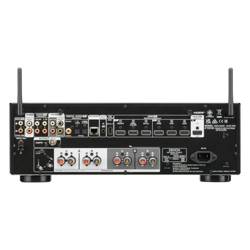 Denon DRA-900H, panel trasero con 6 entradas HDMI, salida eARC, phono, dos subwoofers y antena DAB/FM