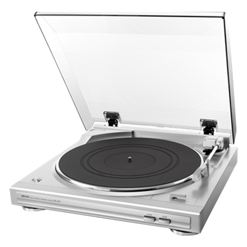 Denon DP-29F, vista en ángulo en plata con la tapa abierta