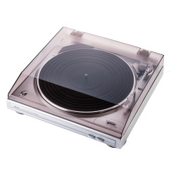 Denon DP-29F, vista en ángulo en plata con la tapa cerrada