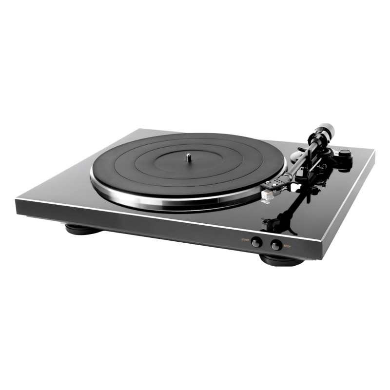Denon DP-300F, vista en ángulo en negro con la tapa abierta