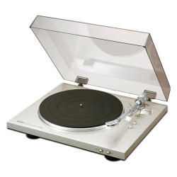 Denon DP-300F, vista en ángulo en plata con la tapa abierta