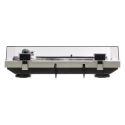 Denon DP-300F, vista trasera en plata con la tapa cerrada
