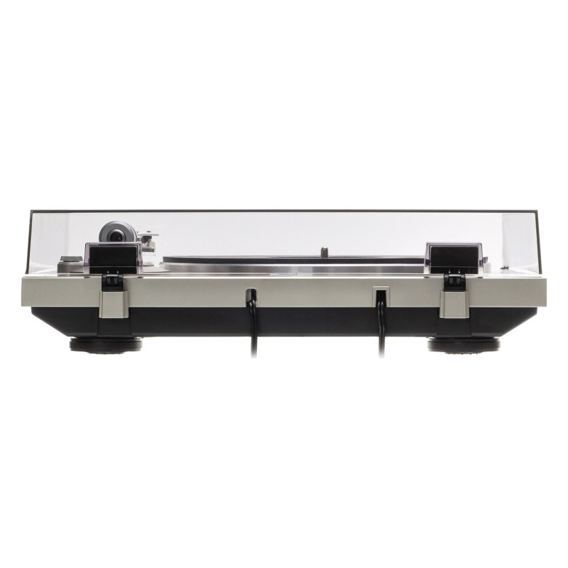 Denon DP-300F, vista trasera en plata con la tapa cerrada