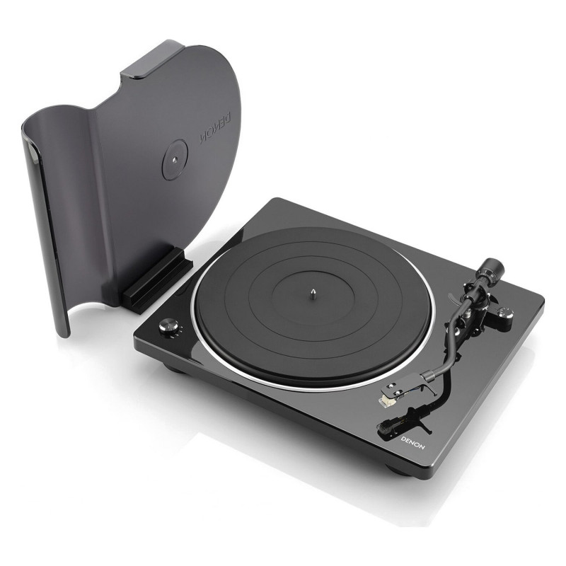Denon DP-400, en negro con la tapa de pie como atril