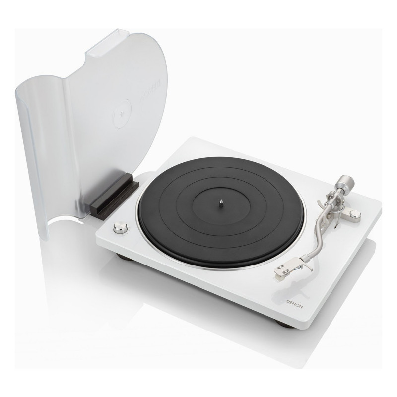 Denon DP-400, en blanco con la tapa de pie como atril